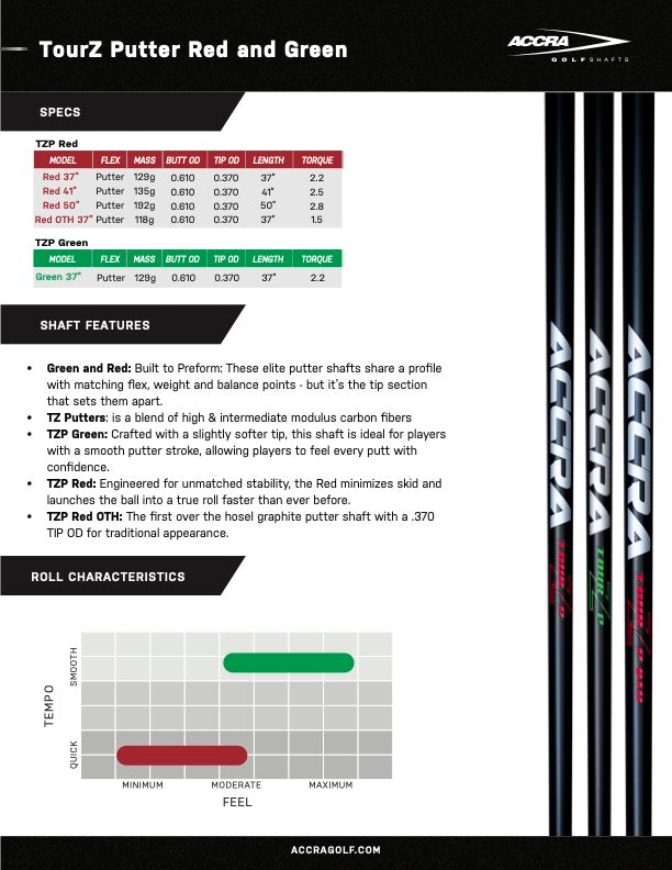 Accra TZP Red Straight Graphite Putter Shaft .370" Parallel (Over The Hosel)